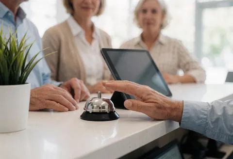 Une main active un bouton d'appel sur un comptoir de réception, accompagné d'une plante et d'une tablette, sur un fond de bureau flou.