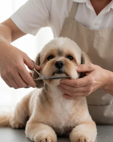 Un professionnel taille les poils d'un petit chien calme sur une table avec des ciseaux ronds, dans un éclairage doux et un fond clair.