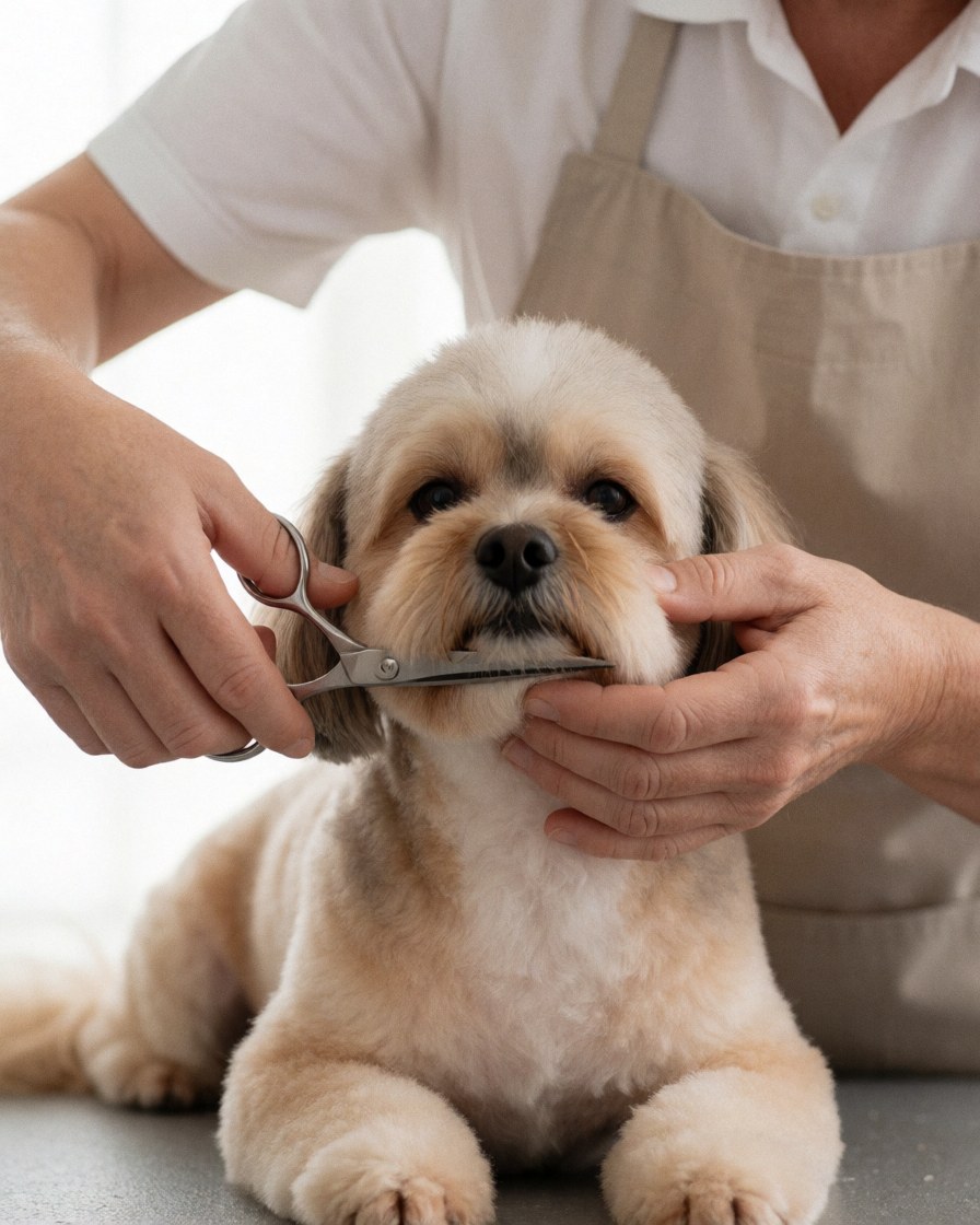 Un professionnel taille les poils d'un petit chien calme sur une table avec des ciseaux ronds, dans un éclairage doux et un fond clair.