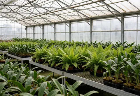 Intérieur d'une serre abritant des orchidées sur des structures métalliques avec de l'eau et de la lumière naturelle.