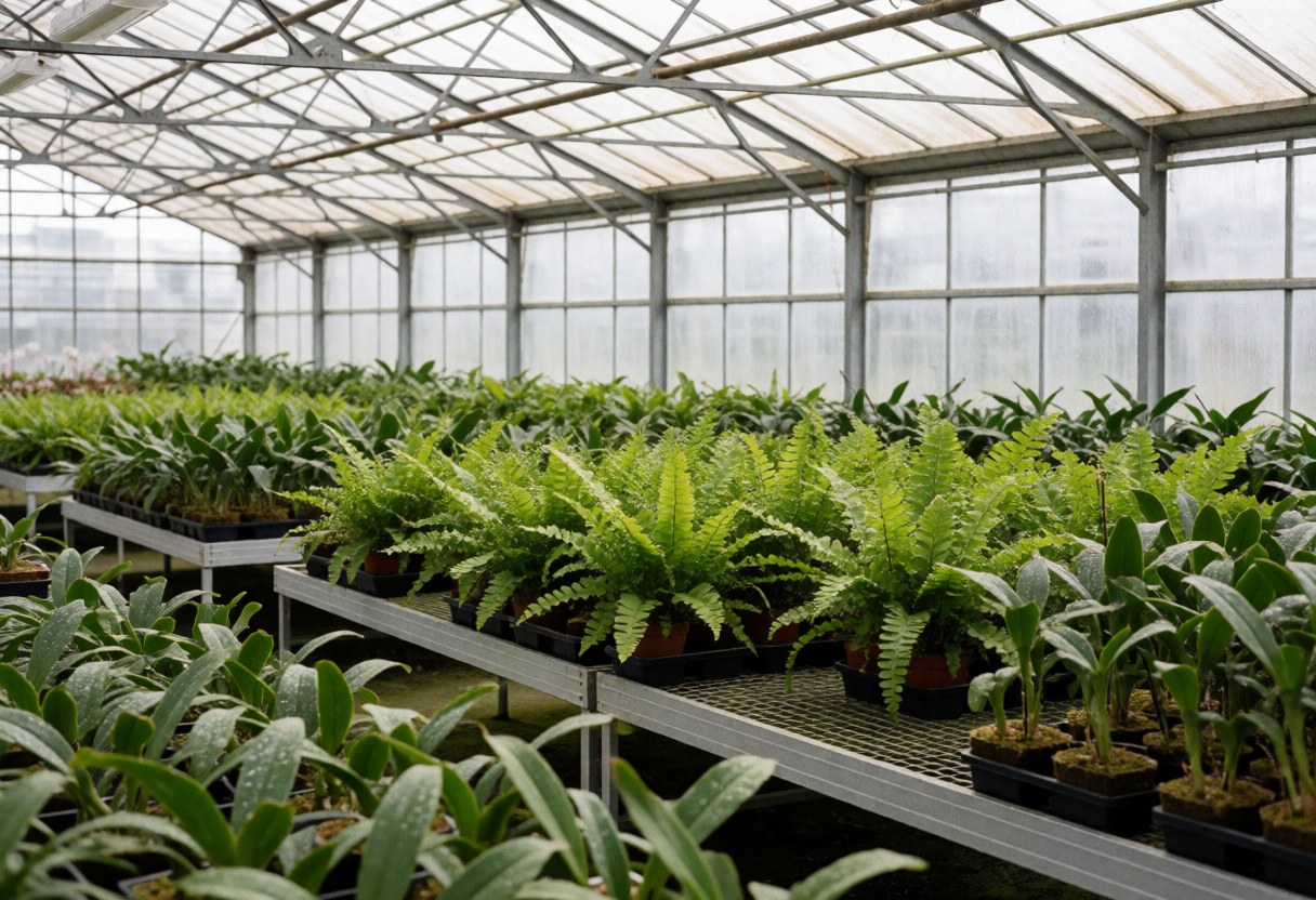 Intérieur d'une serre abritant des orchidées sur des structures métalliques avec de l'eau et de la lumière naturelle.