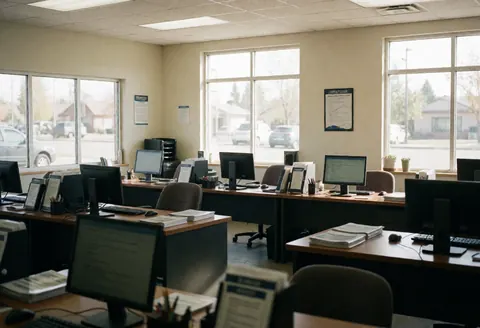 Espace administratif vide comprenant bureaux, chaises, ordinateurs et manuels, baigné de lumière naturelle par les fenêtres, dans un cadre professionnel et rangé.