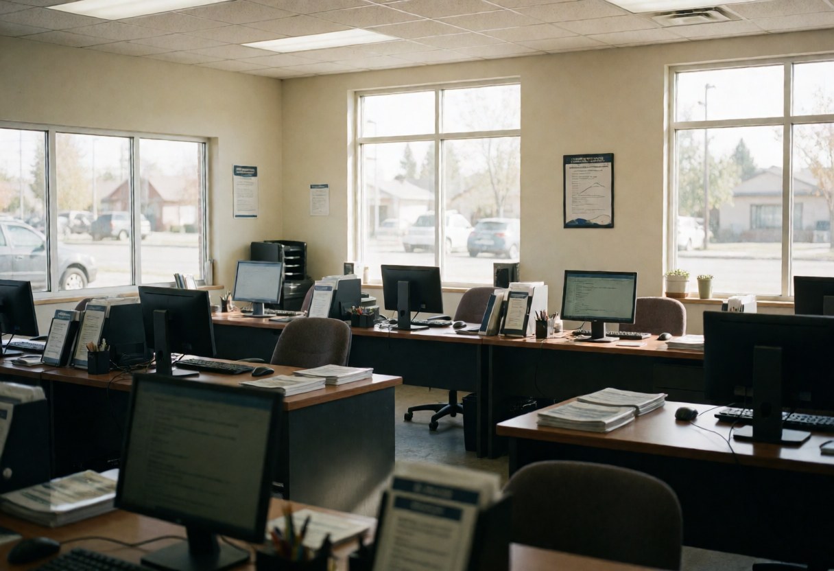 Espace administratif vide comprenant bureaux, chaises, ordinateurs et manuels, baigné de lumière naturelle par les fenêtres, dans un cadre professionnel et rangé.