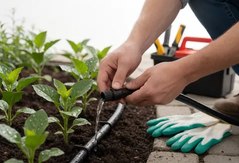 Des mains branchent un tuyau d'irrigation au milieu de jeunes végétaux dans un jardin, avec des outils et des gants posés sur le sol en béton sous une lumière naturelle vive.
