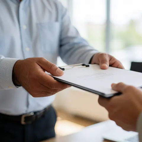 Prise de vue rapprochée d'une main tenant un classeur ou des documents officiels, symbolisant la remise de dossiers dans un contexte professionnel.