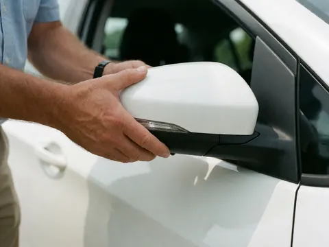 Gros plan sur la main d'un conducteur ajustant le rétroviseur latéral blanc d'une voiture dans un contexte de formation en auto-école.