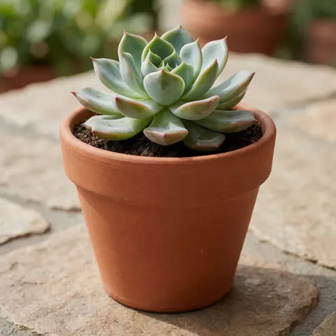 Une succulente en bonne santé posée sur une table en pierre, éclairée par la lumière naturelle avec un fond flou, idéale pour la décoration intérieure ou extérieure.