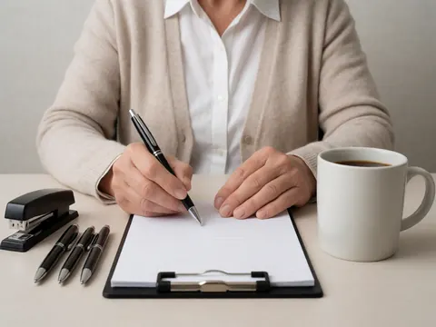 Adulte rédigeant dans un carnet posé sur un bureau organisé, entouré de stylos, d'unagrafeuse et d'une tasse de café.