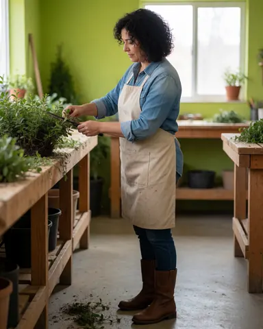 Vue rapprochée d'une opération de taille effectuée dans un atelier avec des outils et du matériel de jardinage.