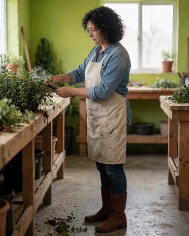 Vue rapprochée d'une opération de taille effectuée dans un atelier avec des outils et du matériel de jardinage.