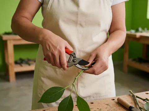 Gros plan sur des mains effectuant un travail de jardinage en utilisant des outils de coupe pour tailler les branches des plantes.