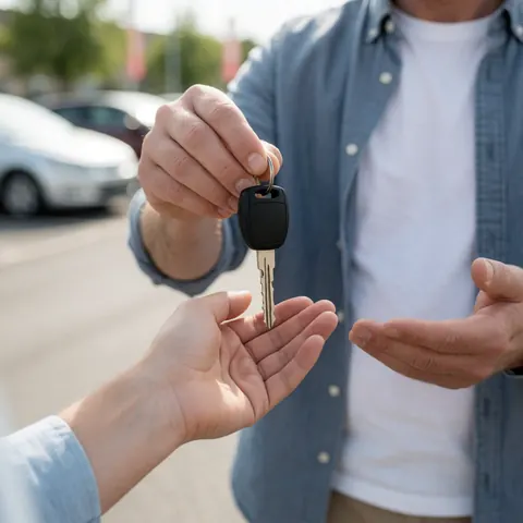 Instructeur remettant les clés d'une voiture à un client dans un parking, symbolisant la confiance et le service de conduite.