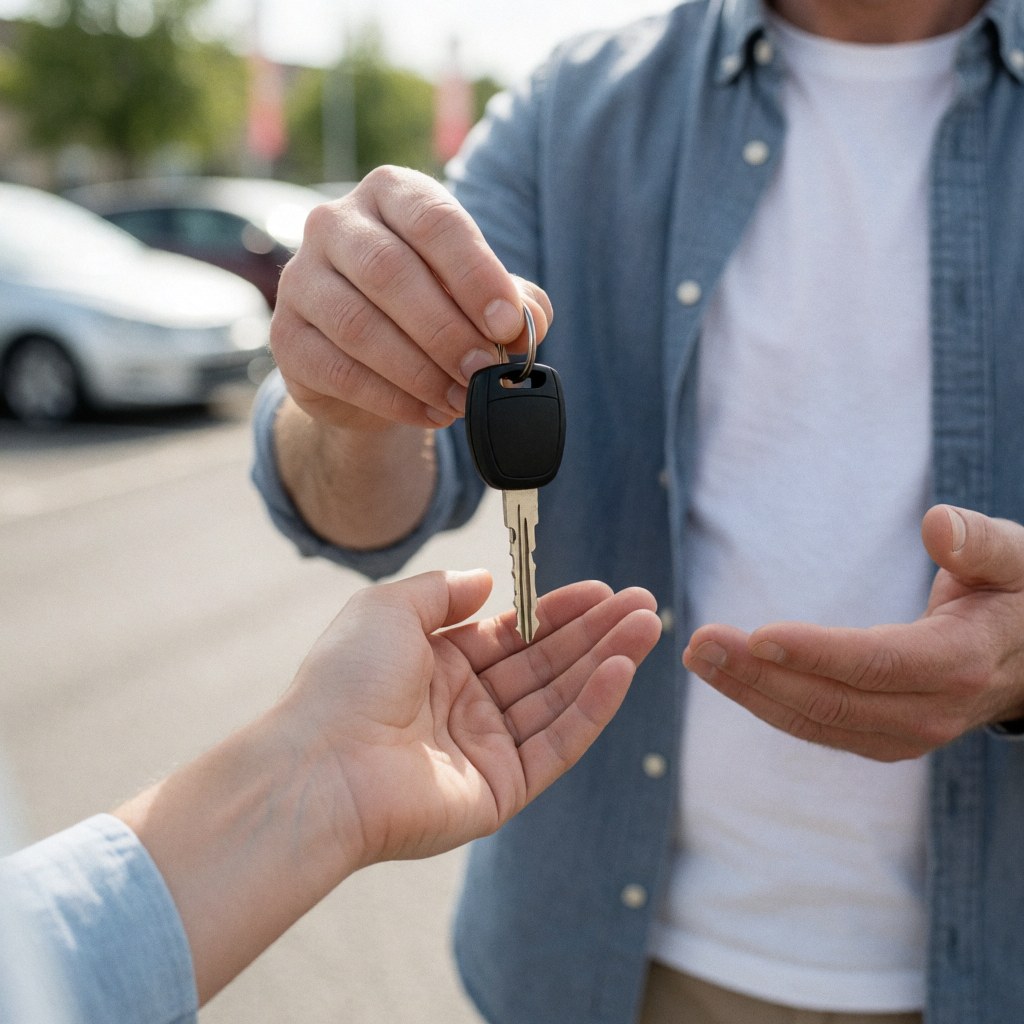 Instructeur remettant les clés d'une voiture à un client dans un parking, symbolisant la confiance et le service de conduite.