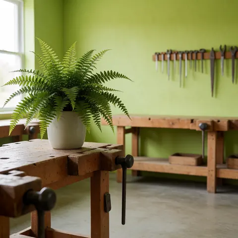 Une plante verte disposée dans un pot sur une table en bois, éclairée de manière naturelle, évoquant la décoration intérieure et le jardinage.