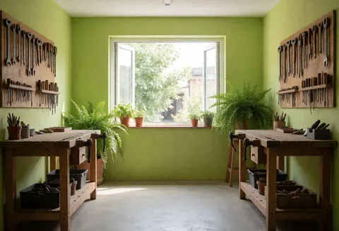Vue d'un atelier de jardinage doté de murs verts, de tables en bois, d'outils suspendus et de plantes. Idéal pour un commerce de jardinage et d'aménagement paysager.