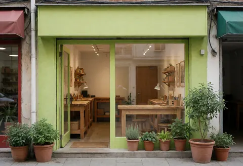 Vue de l'entrée d'un magasin de jardinage et de paysagisme avec une porte ouverte, révélant des tables en bois et des plantes en pot dans un cadre professionnel et accueillant.