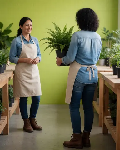 Une cliente souriante tient une plante en pot dans un magasin de jardinage, entourée d'étagères remplies de végétaux et d'outils de paysagisme.