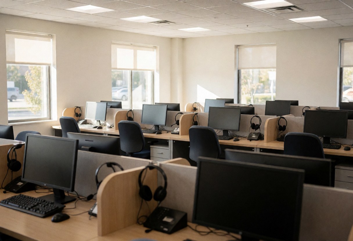 Centre d'appels vide avec bureaux, ordinateurs, casques et chaises. Lumière naturelle par les fenêtres créant une ambiance professionnelle prête au travail.