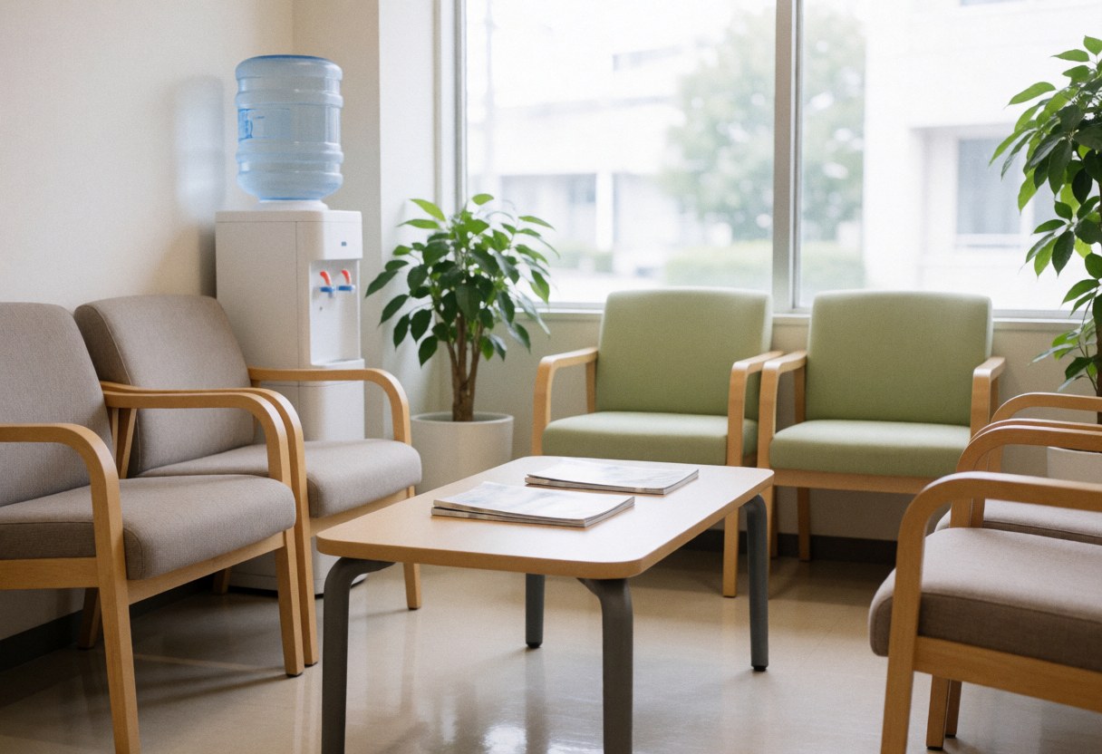 Vue d'une salle d'attente spacieuse et lumineuse équipée de chaises confortables, d'une table basse, d'un distributeur d'eau et d'une plante verte près d'une grande fenêtre.