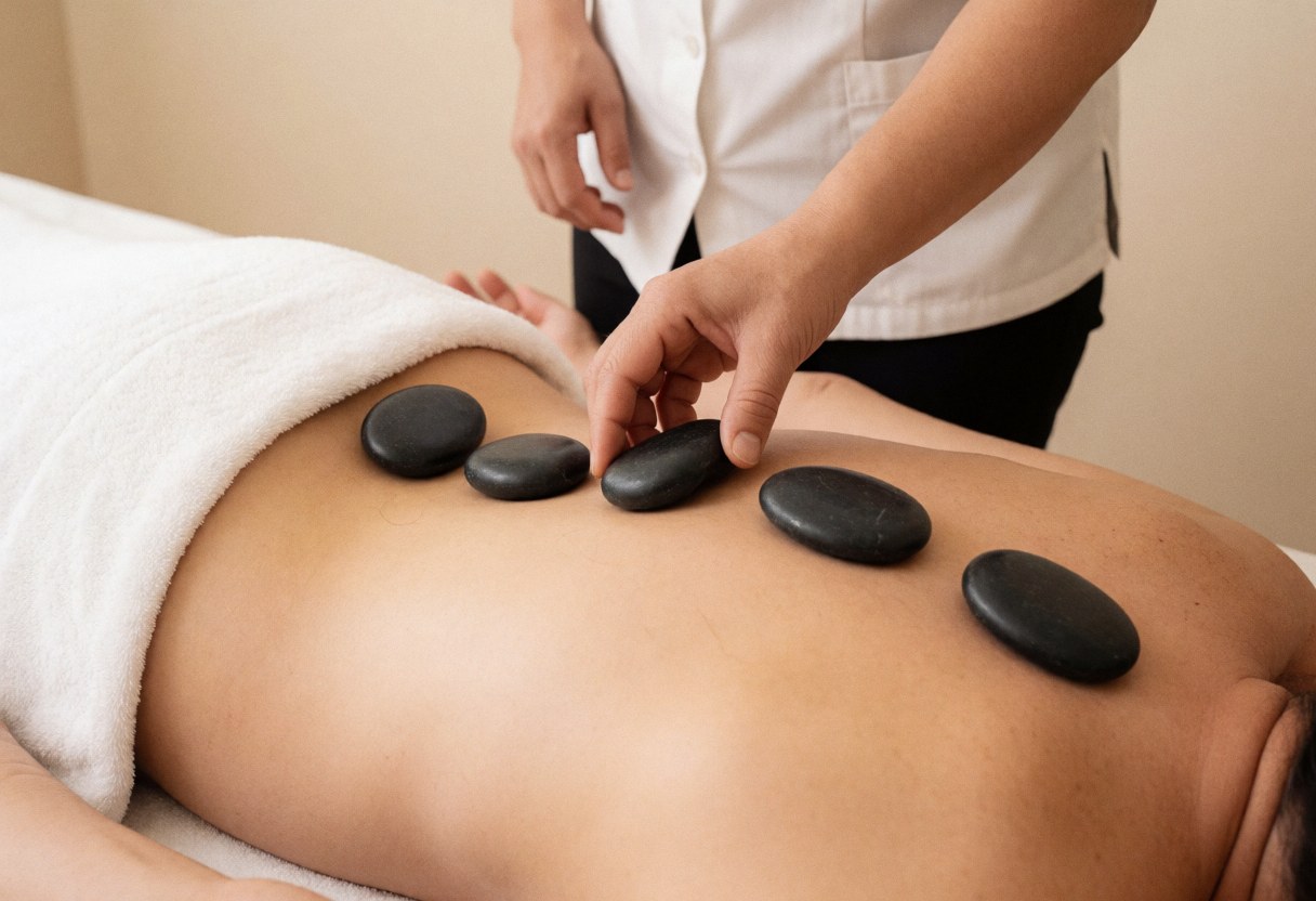 Un thérapeute place des pierres chaudes sur le dos d'un client dans un spa, créant une ambiance relaxante et professionnelle.