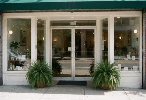 Façade d'un spa avec portes vitrées, plantes vertes en pot et lumière naturelle. Idéal pour les entreprises de bien-être et de massages.