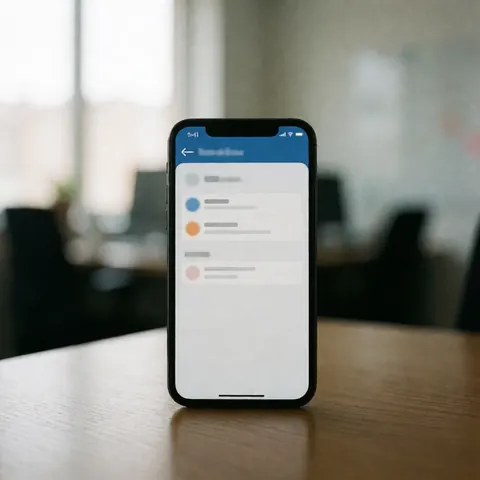 Un smartphone posé sur un bureau en bois dans un bureau moderne, montrant l'interface d'une application de support client avec des messages visibles à l'écran.