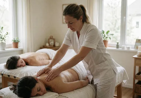 Un thérapeute réalise un massage dans un environnement relaxant avec une lumière naturelle, tandis que des clients se reposent.