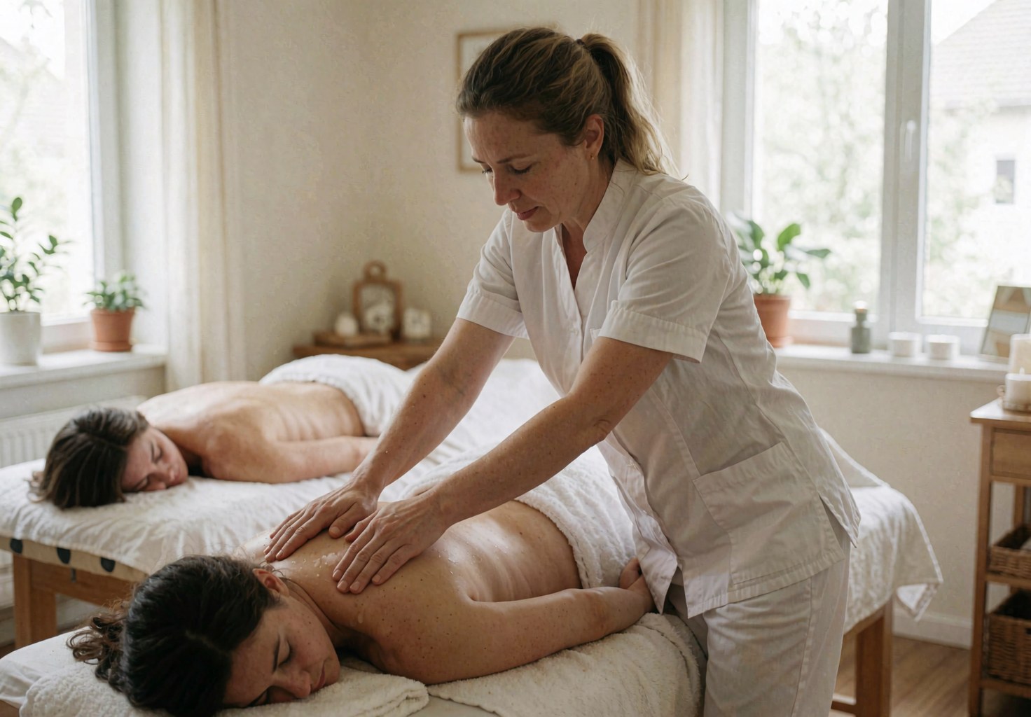 Un thérapeute réalise un massage dans un environnement relaxant avec une lumière naturelle, tandis que des clients se reposent.