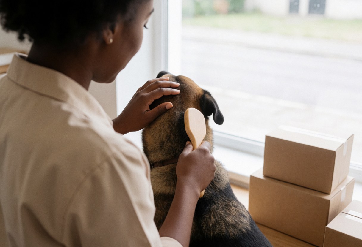 Une femme professionnelle brosse le pelage d'un chien avec une brosse en bois, près d'une fenêtre éclairée par la lumière naturelle dans un intérieur calme et propre.