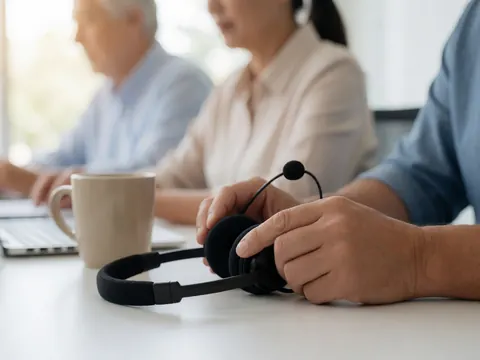 Gros plan sur des écouteurs posés sur un bureau avec une tasse de café, éclairage doux et ambiance professionnelle.