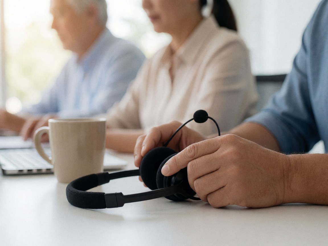 Gros plan sur des écouteurs posés sur un bureau avec une tasse de café, éclairage doux et ambiance professionnelle.