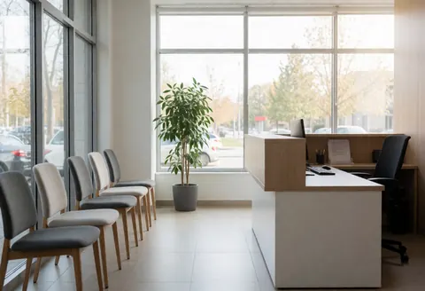 Réception de bureau moderne avec chaises d'attente, bureau, plante et grandes fenêtres, ambiance professionnelle et propre.