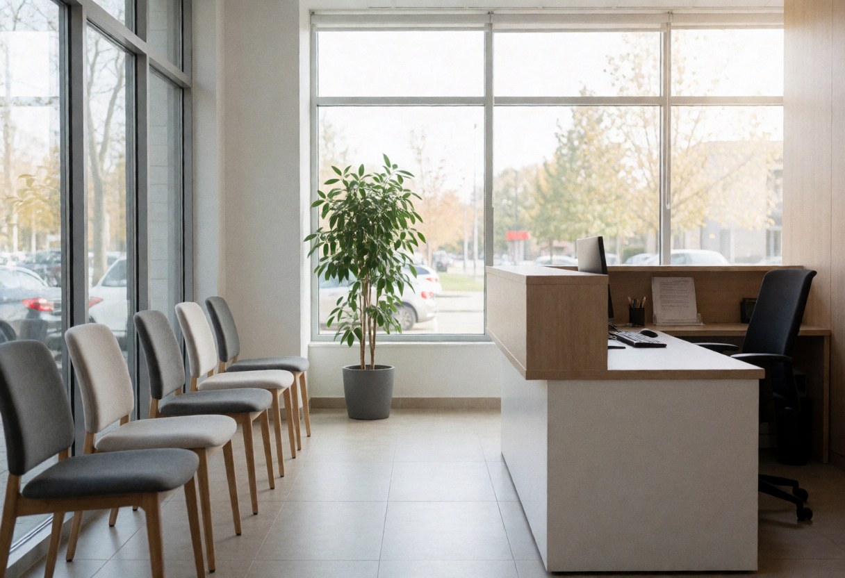 Réception de bureau moderne avec chaises d'attente, bureau, plante et grandes fenêtres, ambiance professionnelle et propre.