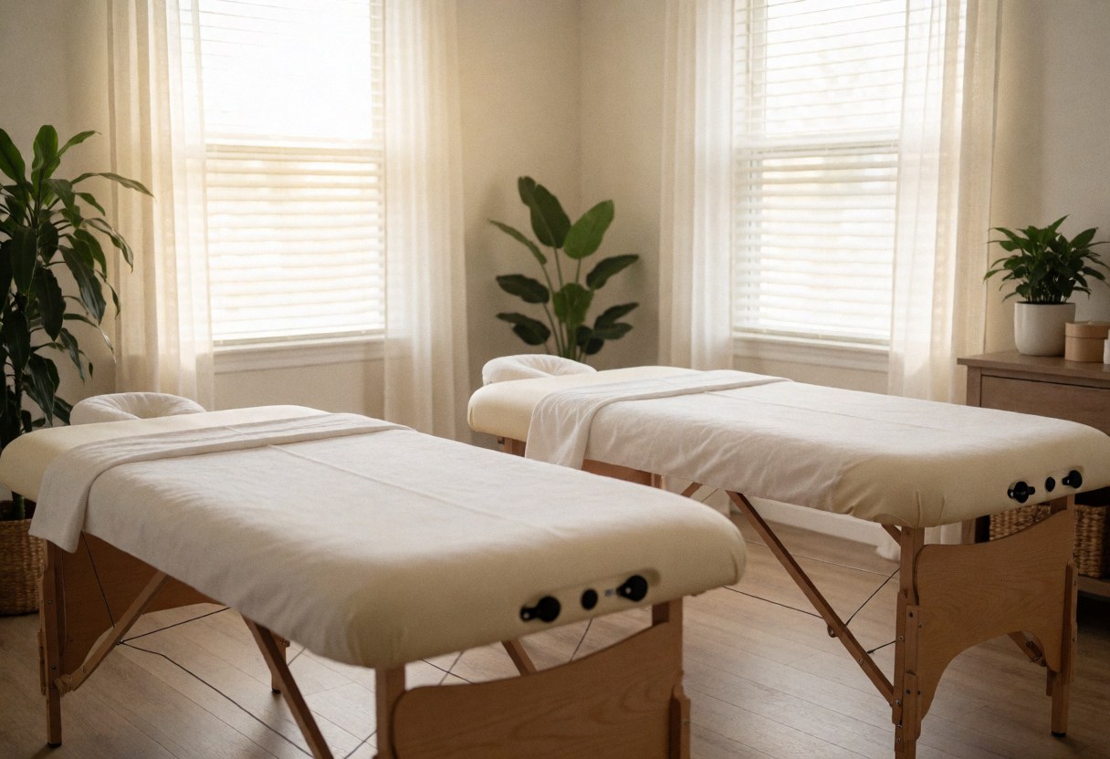Salle de massage vide équipée de deux lits, ornée de plantes dans les coins et baignée de lumière naturelle pour un environnement relaxant.
