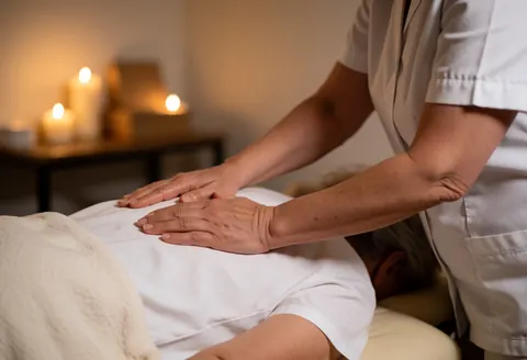Une professionnelle réalise un massage sur le dos d'un client dans une pièce éclairée par des bougies, créant une ambiance relaxante.