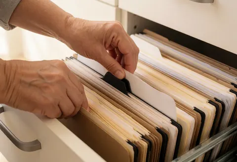 Des mains organisent des dossiers et des documents dans un tiroir de bureau, illustrant la gestion administrative et l'ordre professionnel au travail.