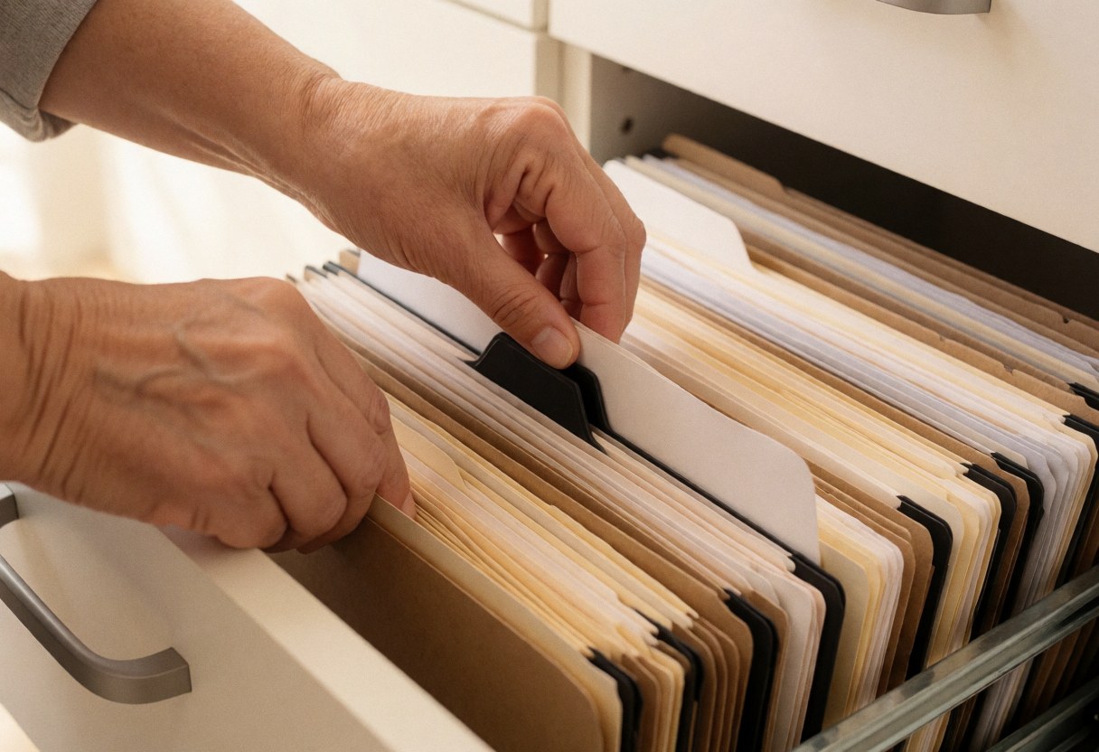Des mains organisent des dossiers et des documents dans un tiroir de bureau, illustrant la gestion administrative et l'ordre professionnel au travail.
