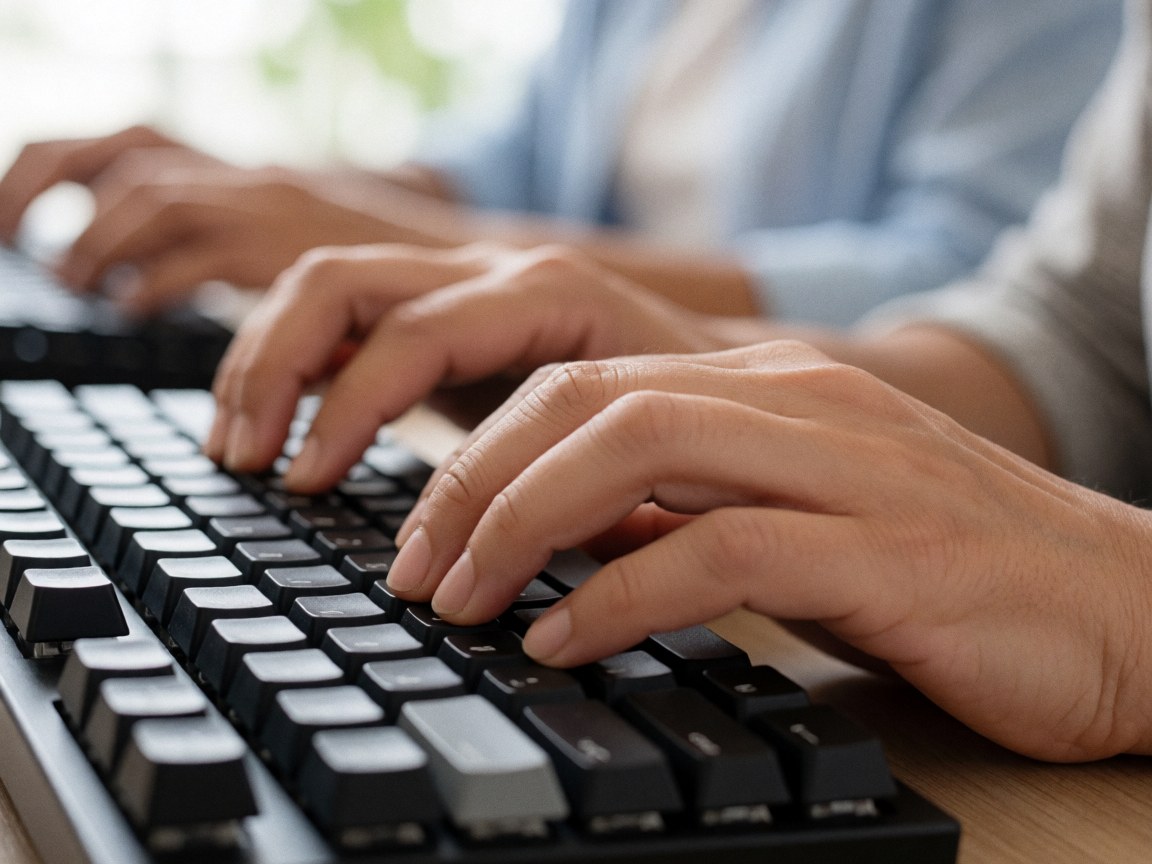 Des mains en train de taper sur un clavier mécanique noir éclairé par la lumière naturelle avec un fond flou adapté aux startups et logiciels.