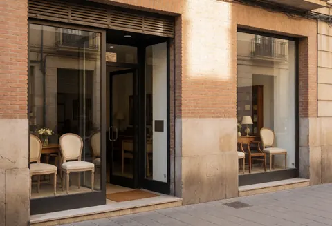 Vue extérieure de la façade d'un magasin de meubles situé à Barcelone avec ses portes et fenêtres.