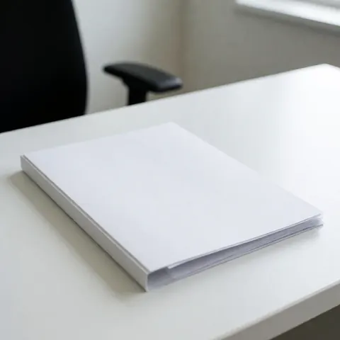 Rapport de diagnostic médical posé sur un bureau d'office moderne et épuré, sur fond blanc.