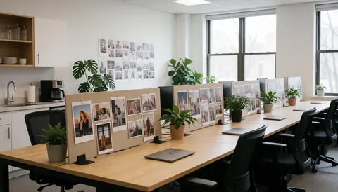Espace de travail moderne pour agence de marketing comprenant des tables partagées, des plantes vertes, de grandes fenêtres et des tableaux d'inspiration. Ambiance professionnelle et créative favorisant le travail