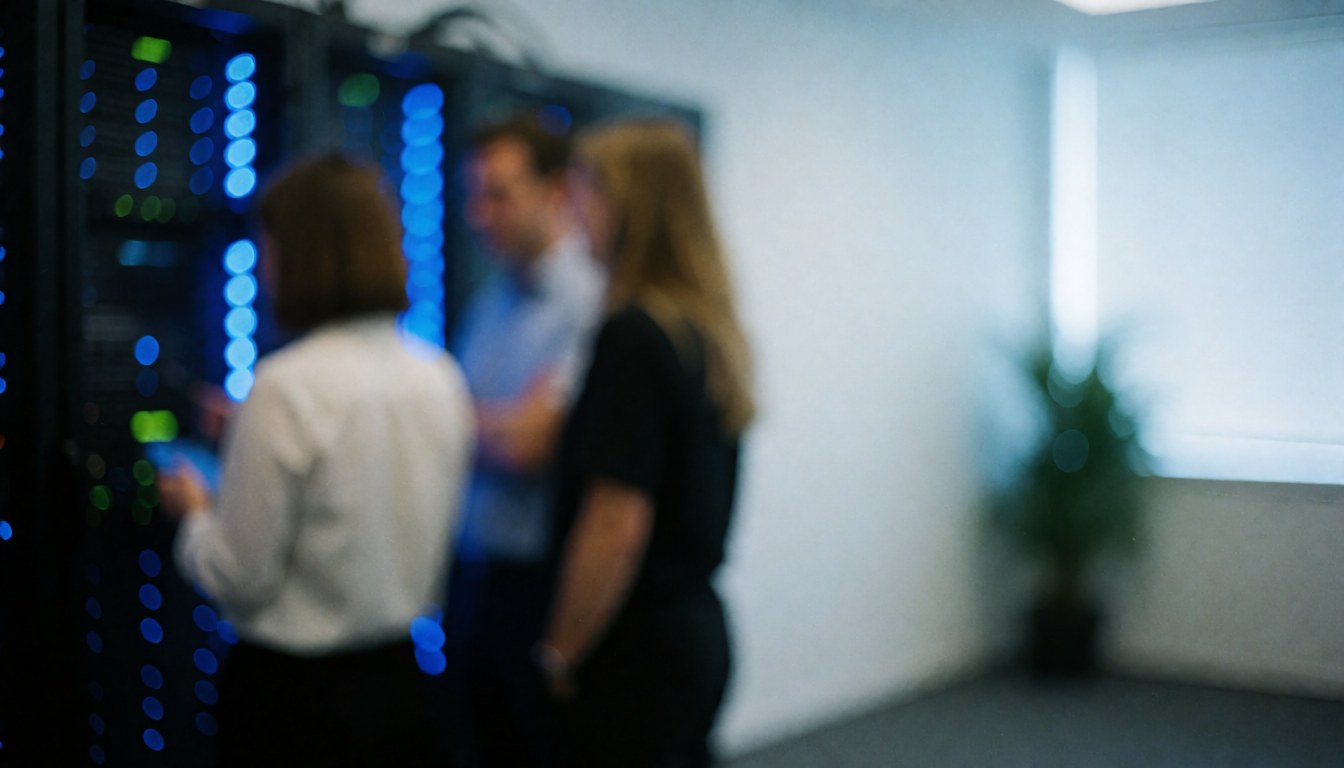 Salle de serveurs avec des lumières bleues créant une ambiance technologique et sécurisée, offrant un espace idéal pour ajouter du texte.