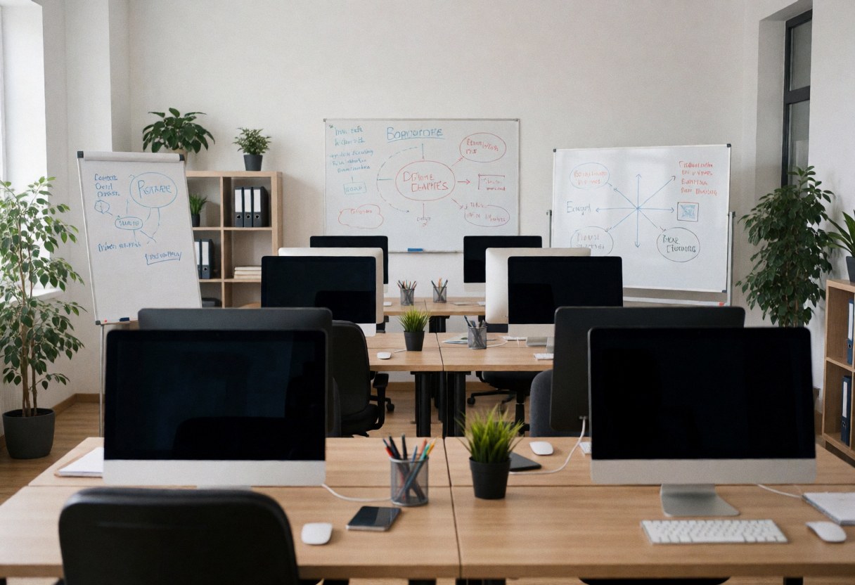 Espace de travail lumineux avec bureaux, ordinateurs, tableaux blancs et plantes.