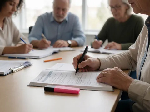 Groupe d'adultes écrivant dans des cahets sur une table en bois avec une lumière naturelle.