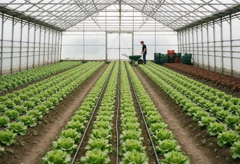 Intérieur d'une serre moderne avec des rangées de laitues vertes, un système d'irrigation goutte à goutte visible, une personne près d'une brouette et de caisses dans un environnement propre et ordonné.