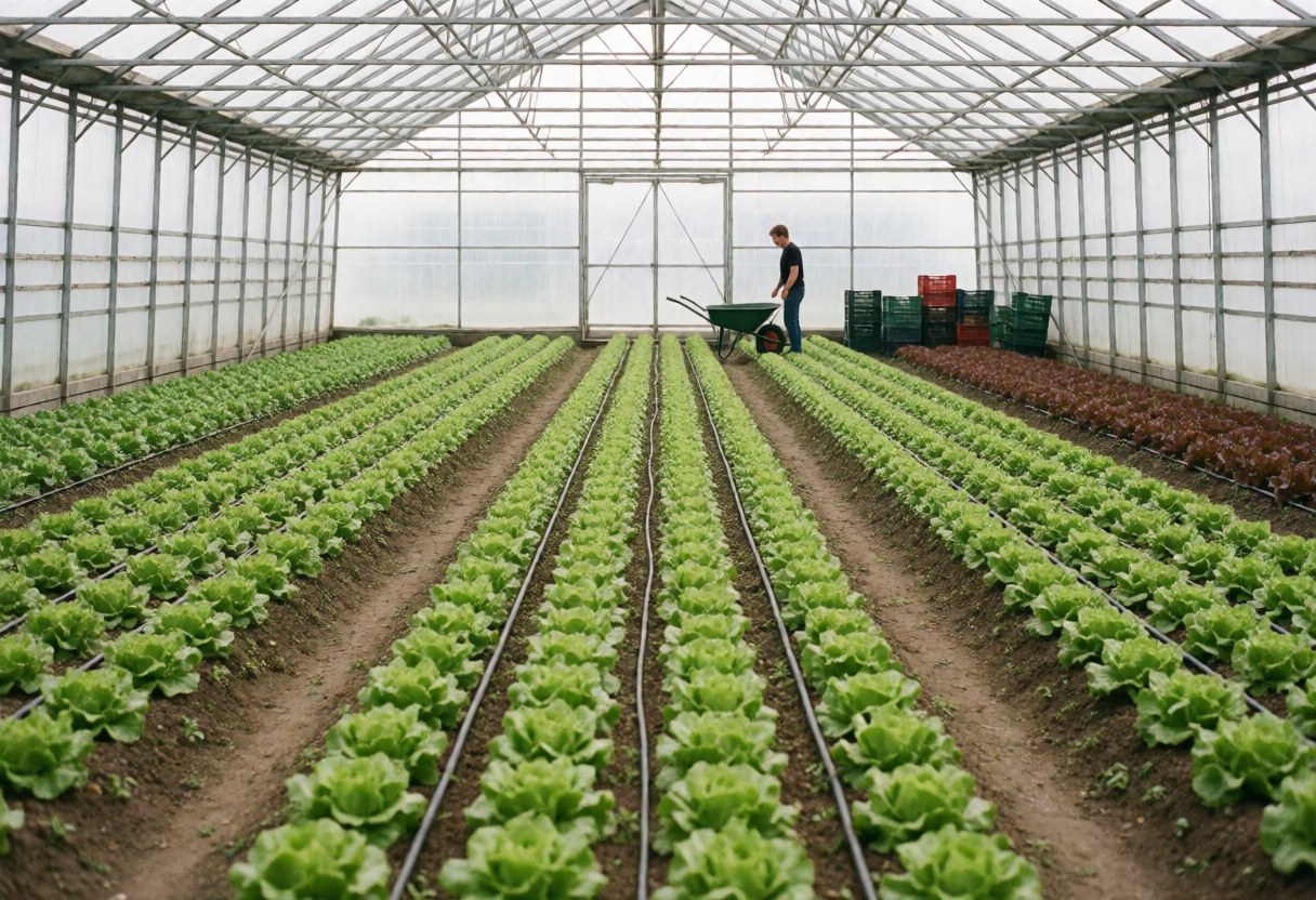 Intérieur d'une serre moderne avec des rangées de laitues vertes, un système d'irrigation goutte à goutte visible, une personne près d'une brouette et de caisses dans un environnement propre et ordonné.