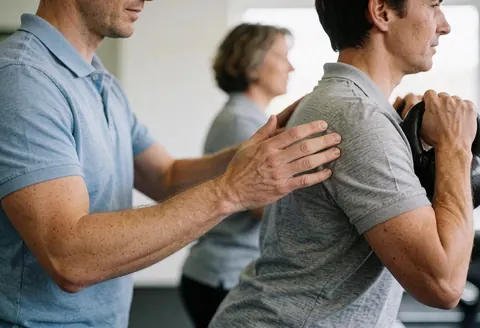 Un entraîneur personal aide un client à corriger sa posture lors d'un exercice avec kettlebell en salle de sport.
