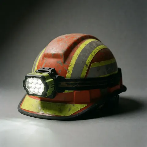 Casque de sécurité rouge et jaune avec des bandes réfléchissantes et une lampe frontale fixée dessus, utilisé pour la protection individuelle en milieu industriel.