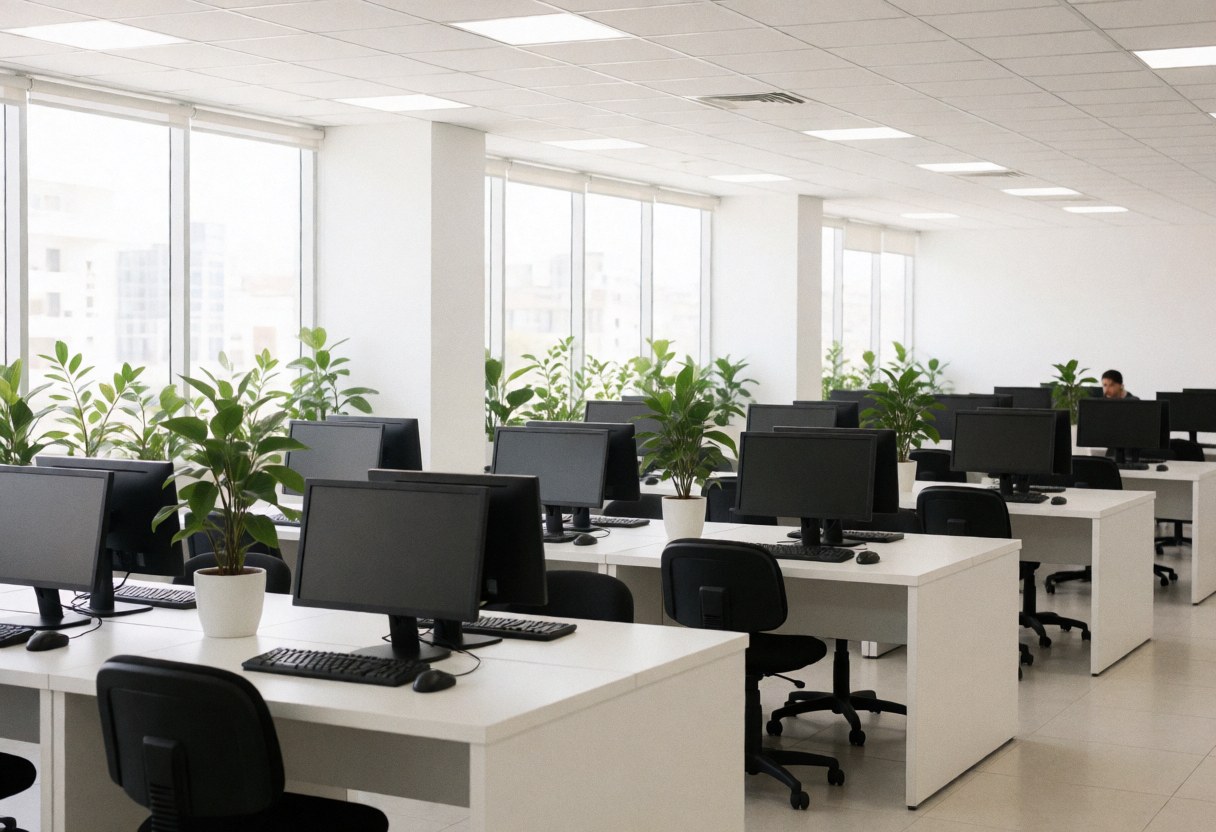Espace de travail lumineux avec bureaux blancs, ordinateurs, chaises noires et plantes vertes, idéal pour le télétravail et les cours en ligne.