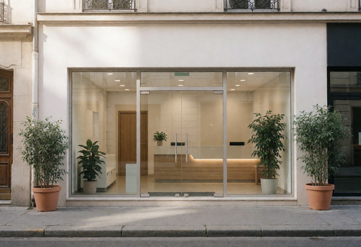 Façade d'un centre de service client avec portes vitrées, plantes en pot et un intérieur moderne visible depuis la rue.